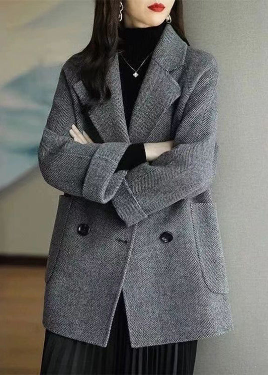 Loose Grey Notched Pockets Double Breast Woolen Coat Winter Rs020