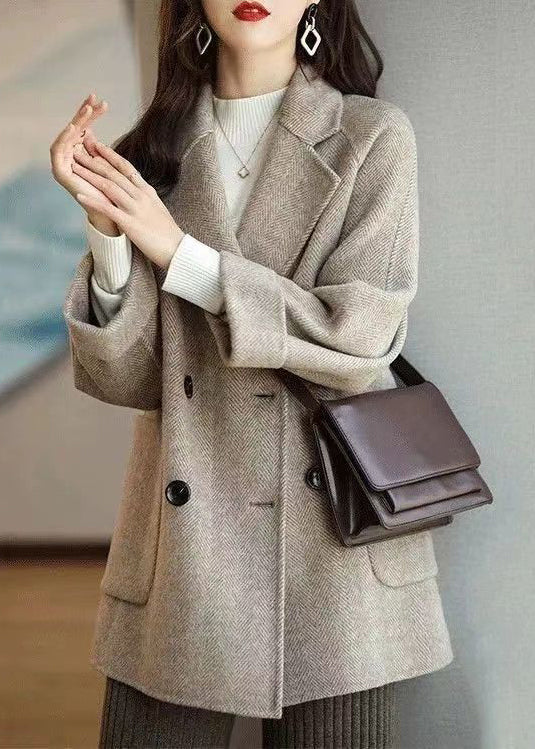 Loose Grey Notched Pockets Double Breast Woolen Coat Winter Rs020