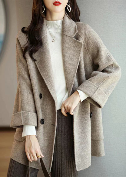 Loose Grey Notched Pockets Double Breast Woolen Coat Winter Rs020