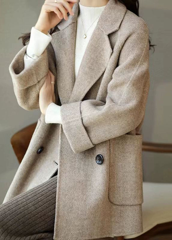 Loose Grey Notched Pockets Double Breast Woolen Coat Winter Rs020