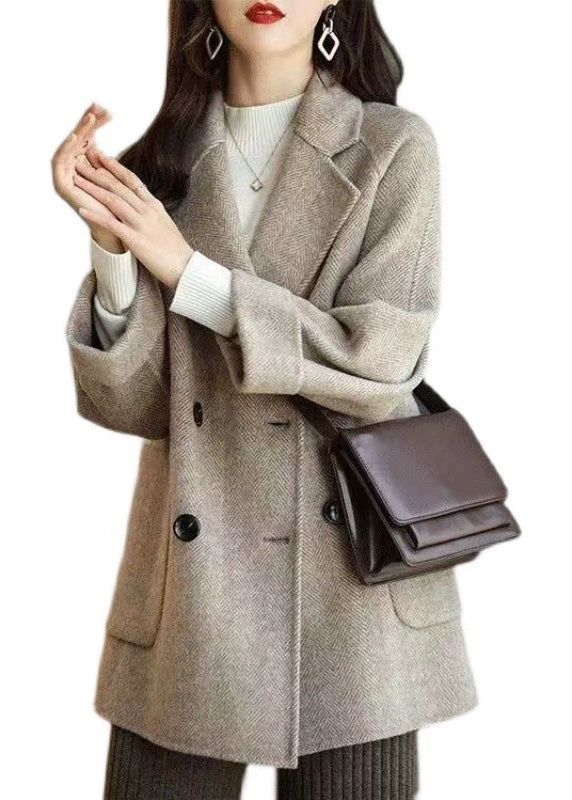 Loose Grey Notched Pockets Double Breast Woolen Coat Winter Rs020