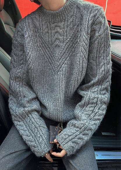 Loose Grey O Neck Cozy Cable Knit Sweaters Spring Tk006