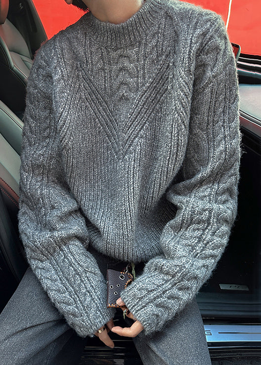 Loose Grey O Neck Cozy Cable Knit Sweaters Spring Tk006