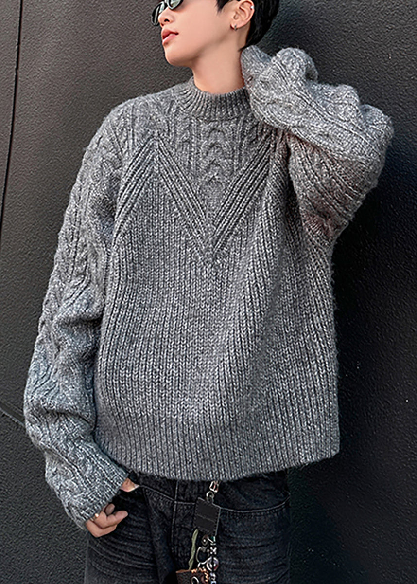Loose Grey O Neck Cozy Cable Knit Sweaters Spring Tk006