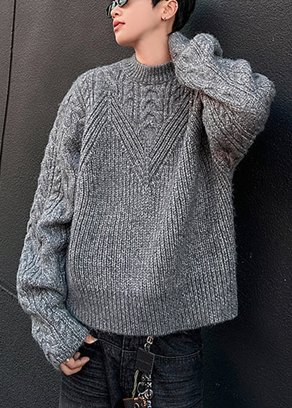 Loose Grey O Neck Cozy Cable Knit Sweaters Spring Tk006