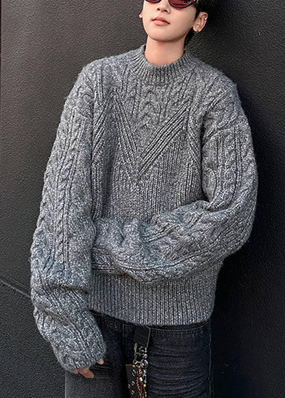 Loose Grey O Neck Cozy Cable Knit Sweaters Spring Tk006