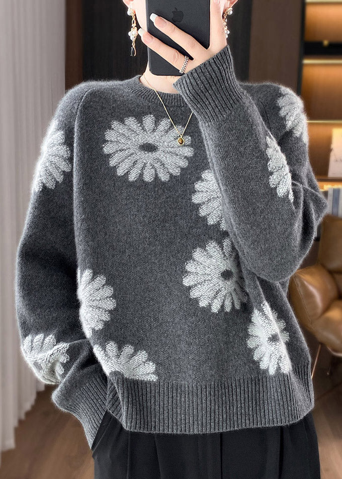 Loose Grey O Neck Cozy Woolen Knit Sweaters Spring Yw052