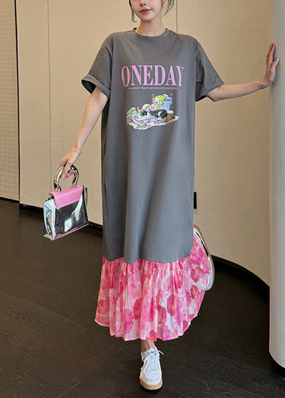 Loose Grey O-neck Print Chiffon Patchwork Long Dress Summer Uu1018