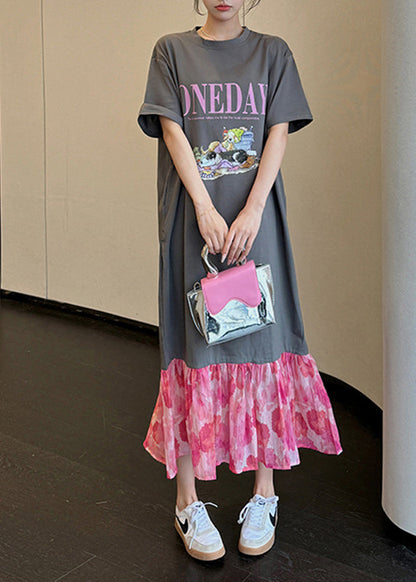 Loose Grey O-neck Print Chiffon Patchwork Long Dress Summer Uu1018