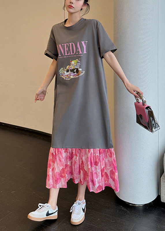 Loose Grey O-neck Print Chiffon Patchwork Long Dress Summer Uu1018