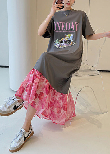 Loose Grey O-neck Print Chiffon Patchwork Long Dress Summer Uu1018