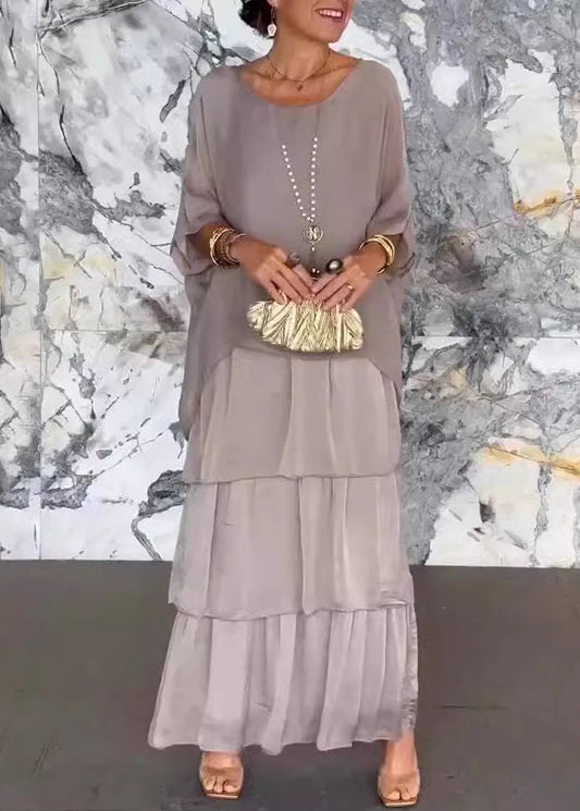 Loose Grey O Neck Chiffon Long Dress Half Sleeve Bb039