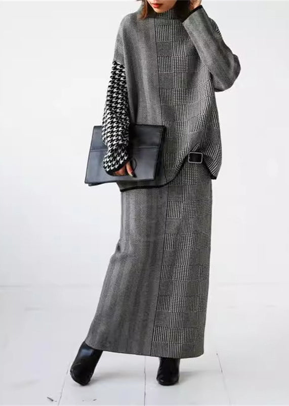 Loose Grey Plaid Knit Sweaters and Skirts Two Piece Set Outfits Fall We017