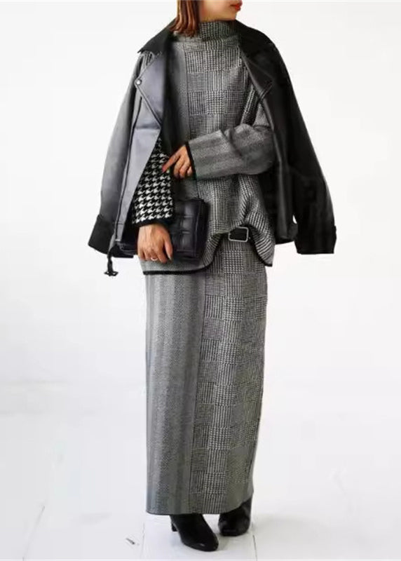 Loose Grey Plaid Knit Sweaters and Skirts Two Piece Set Outfits Fall We017