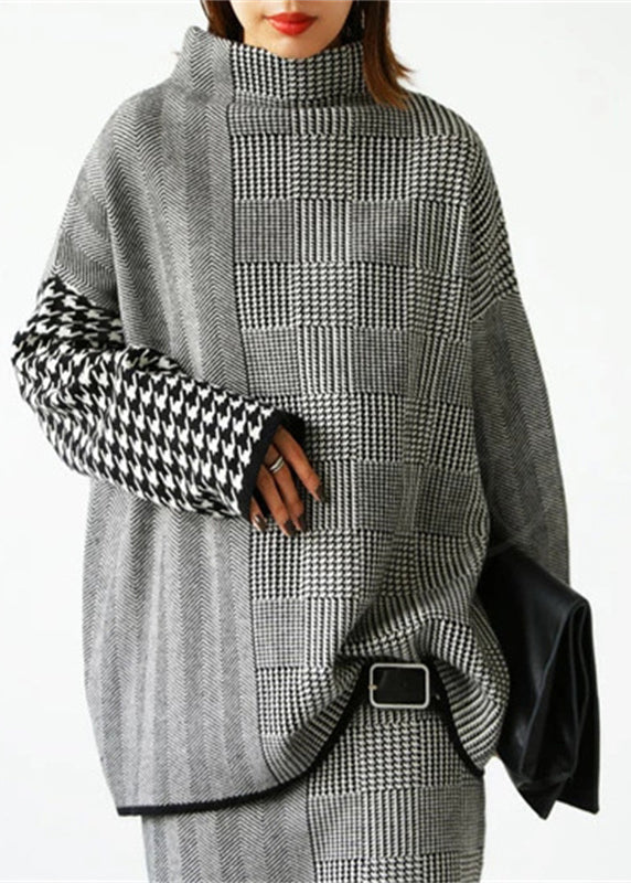 Loose Grey Plaid Knit Sweaters and Skirts Two Piece Set Outfits Fall We017