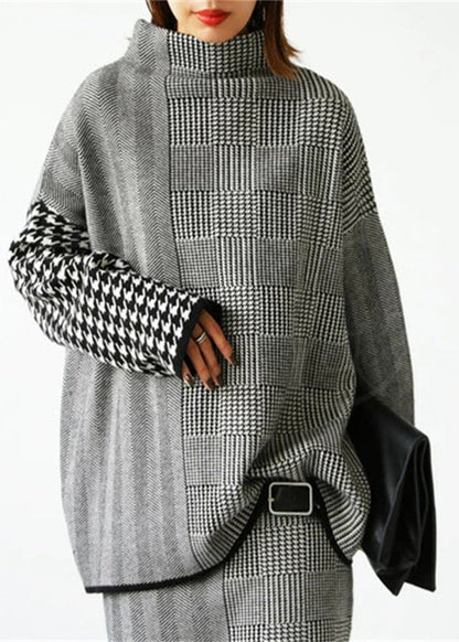 Loose Grey Plaid Knit Sweaters and Skirts Two Piece Set Outfits Fall We017
