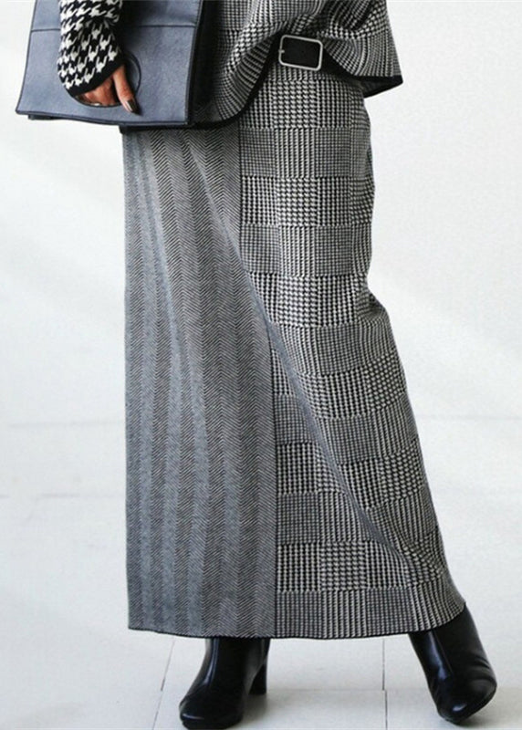 Loose Grey Plaid Knit Sweaters and Skirts Two Piece Set Outfits Fall We017