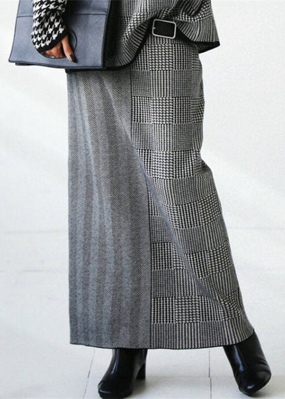 Loose Grey Plaid Knit Sweaters and Skirts Two Piece Set Outfits Fall We017