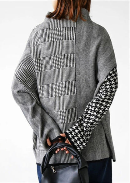 Loose Grey Plaid Knit Sweaters and Skirts Two Piece Set Outfits Fall We017