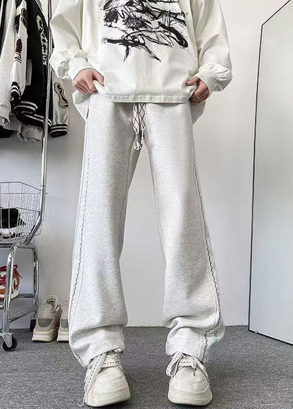 Loose Grey Pockets Elastic Waist Cotton Pants Fall Wa053