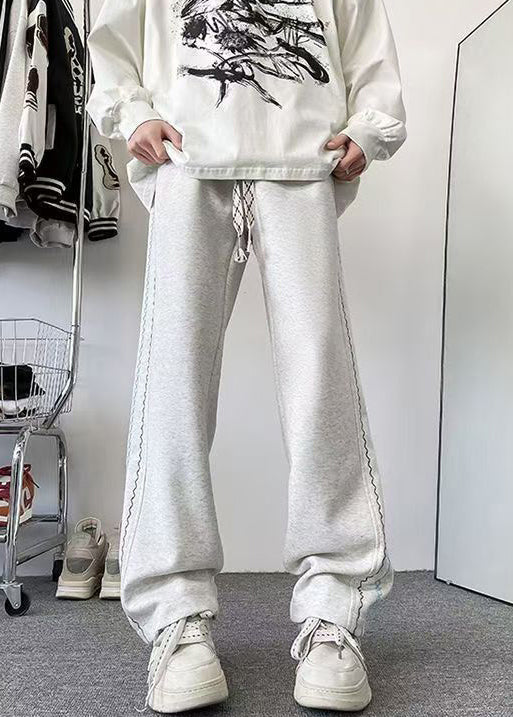 Loose Grey Pockets Elastic Waist Cotton Pants Fall Wa053