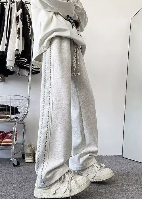 Loose Grey Pockets Elastic Waist Cotton Pants Fall Wa053