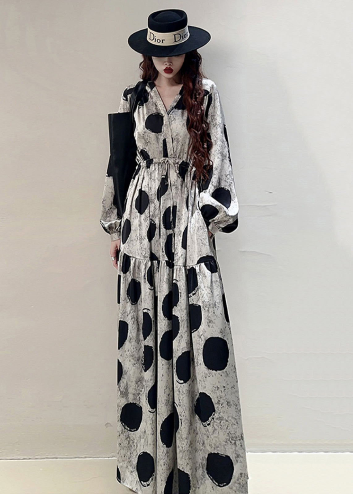 Loose Grey Print Lace Up Pockets Cotton Long Dresses Spring Kk039