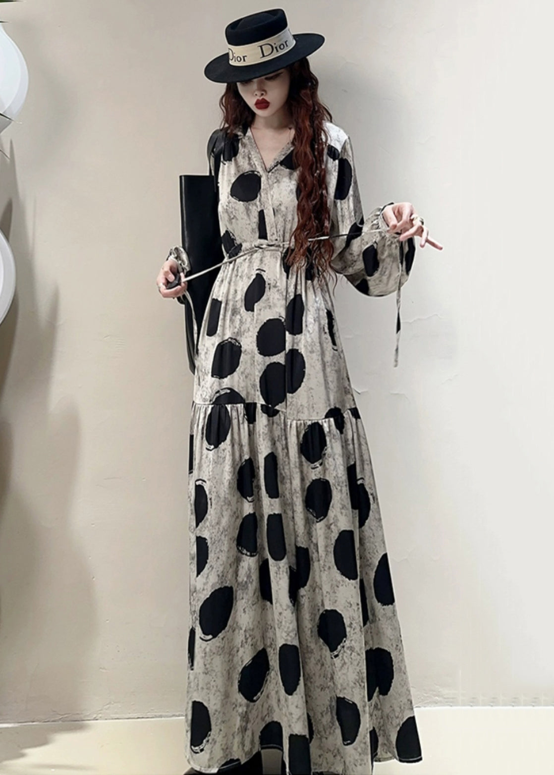 Loose Grey Print Lace Up Pockets Cotton Long Dresses Spring Kk039