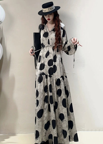 Loose Grey Print Lace Up Pockets Cotton Long Dresses Spring Kk039