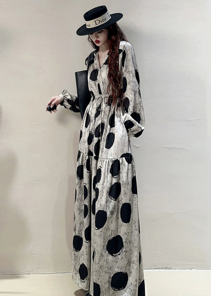 Loose Grey Print Lace Up Pockets Cotton Long Dresses Spring Kk039