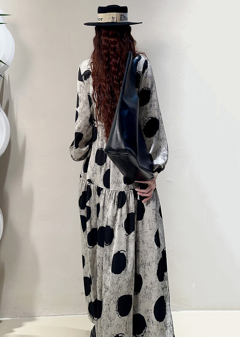 Loose Grey Print Lace Up Pockets Cotton Long Dresses Spring Kk039