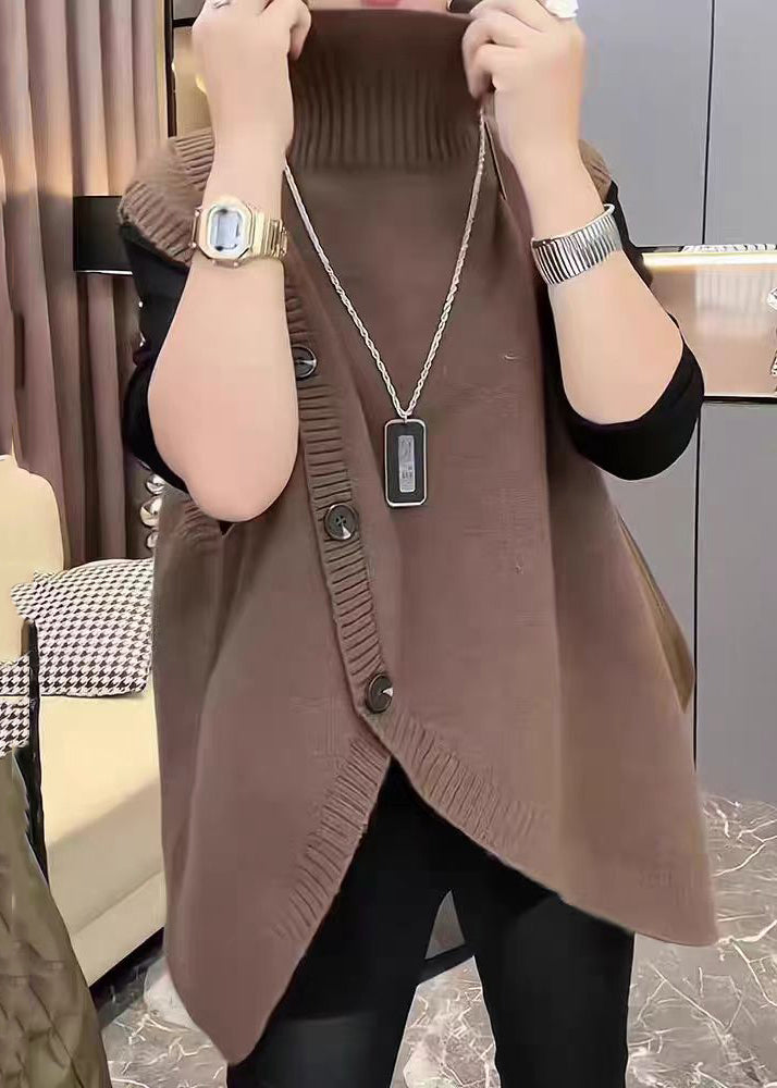 Loose Grey Turtleneck Asymmetrical Knit Waistcoat Sleeveless Ty005