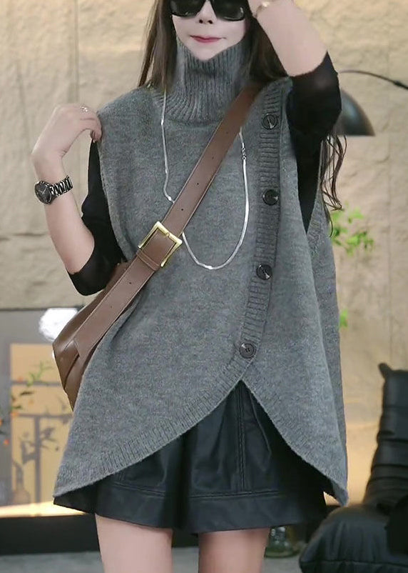 Loose Grey Turtleneck Asymmetrical Knit Waistcoat Sleeveless Ty005