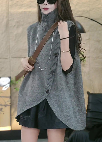 Loose Grey Turtleneck Asymmetrical Knit Waistcoat Sleeveless Ty005