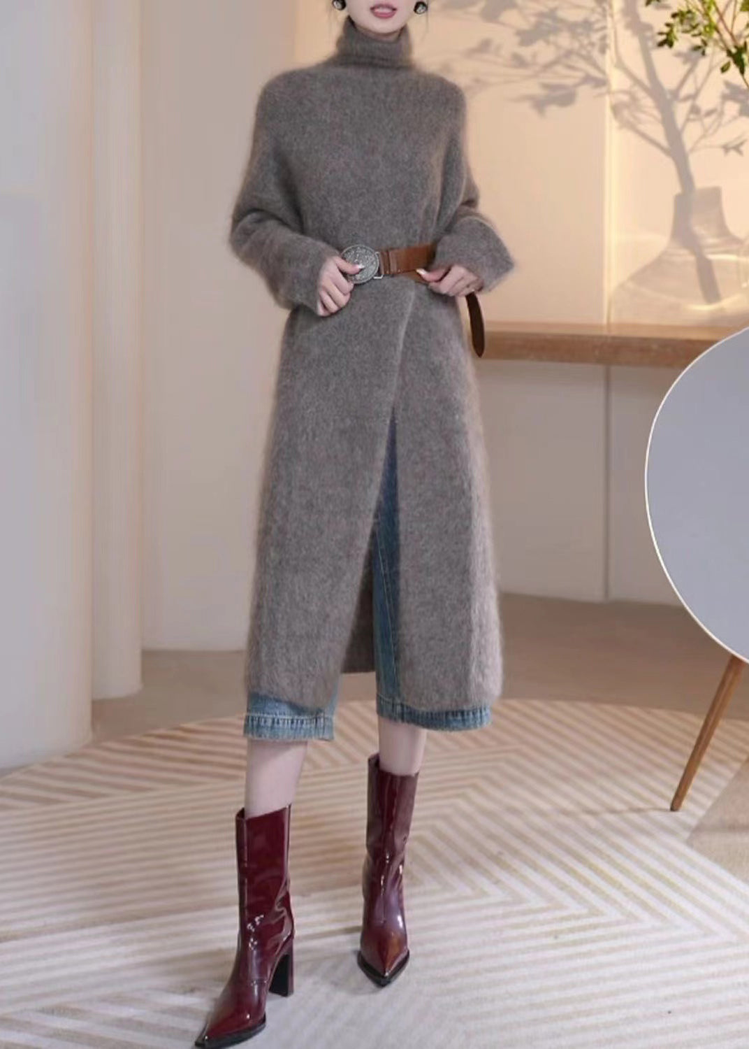 Loose Grey Turtleneck Front Open Mink Velvet Sweater Winter Wm006
