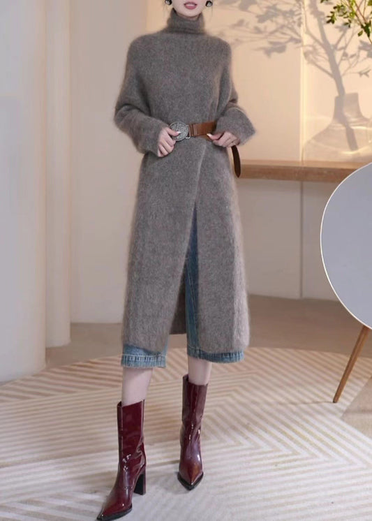 Loose Grey Turtleneck Front Open Mink Velvet Sweater Winter Wm006