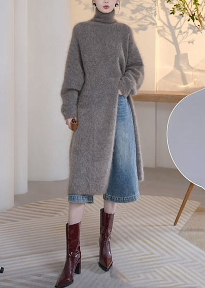 Loose Grey Turtleneck Front Open Mink Velvet Sweater Winter Wm006