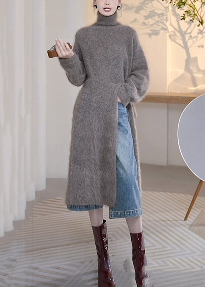 Loose Grey Turtleneck Front Open Mink Velvet Sweater Winter Wm006