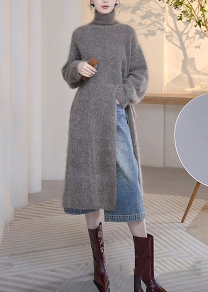 Loose Grey Turtleneck Front Open Mink Velvet Sweater Winter Wm006