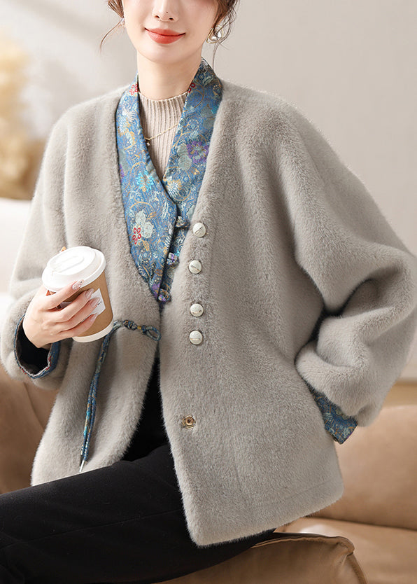 Loose Grey V Neck Button Patchwork Mink Velvet Coats Winter Rc015