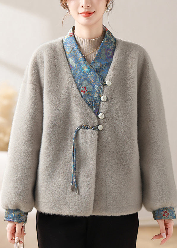 Loose Grey V Neck Button Patchwork Mink Velvet Coats Winter Rc015