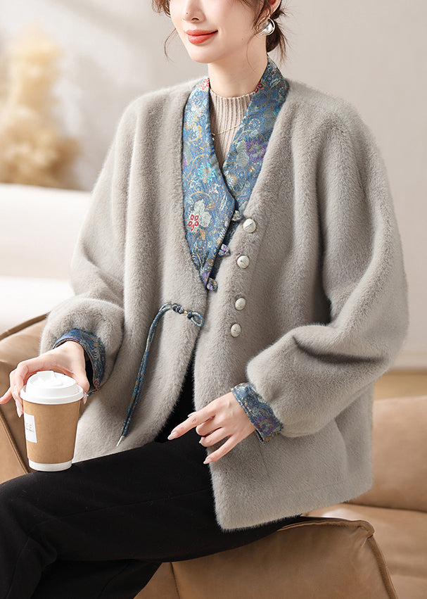 Loose Grey V Neck Button Patchwork Mink Velvet Coats Winter Rc015