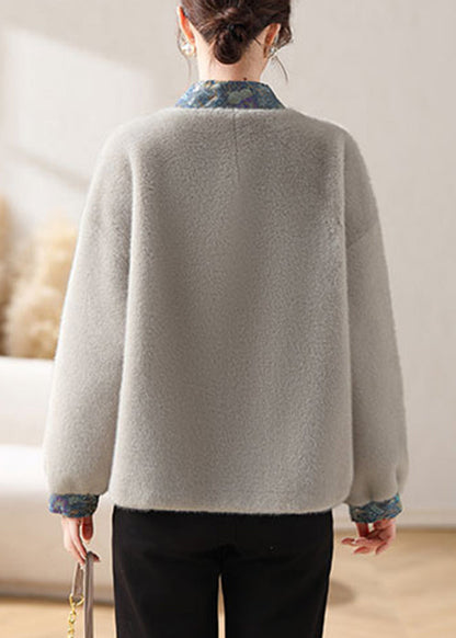 Loose Grey V Neck Button Patchwork Mink Velvet Coats Winter Rc015