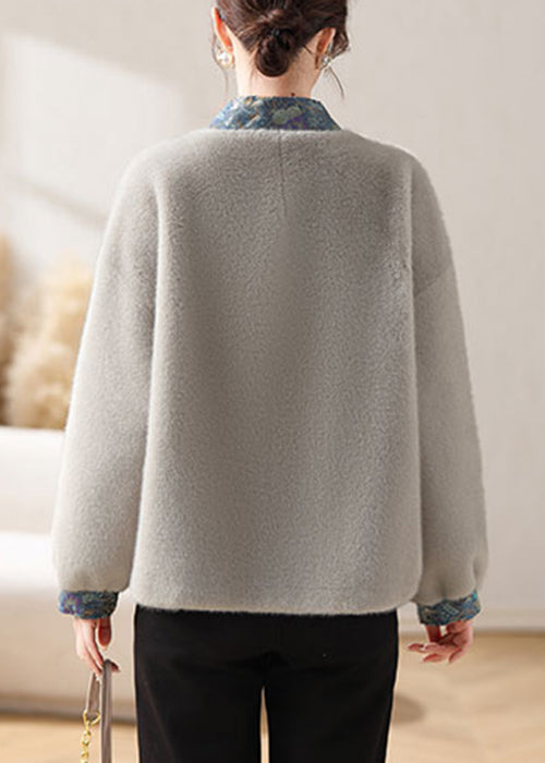 Loose Grey V Neck Button Patchwork Mink Velvet Coats Winter Rc015