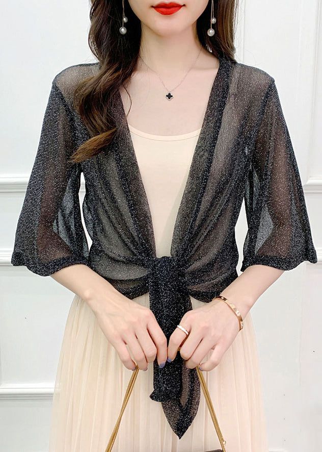 Loose Grey V Neck Lace Up Tulle Cardigans Half Sleeve As1018