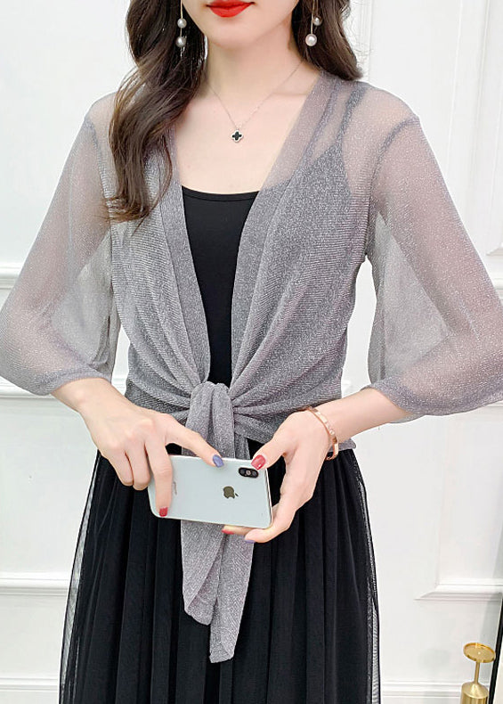 Loose Grey V Neck Lace Up Tulle Cardigans Half Sleeve As1018