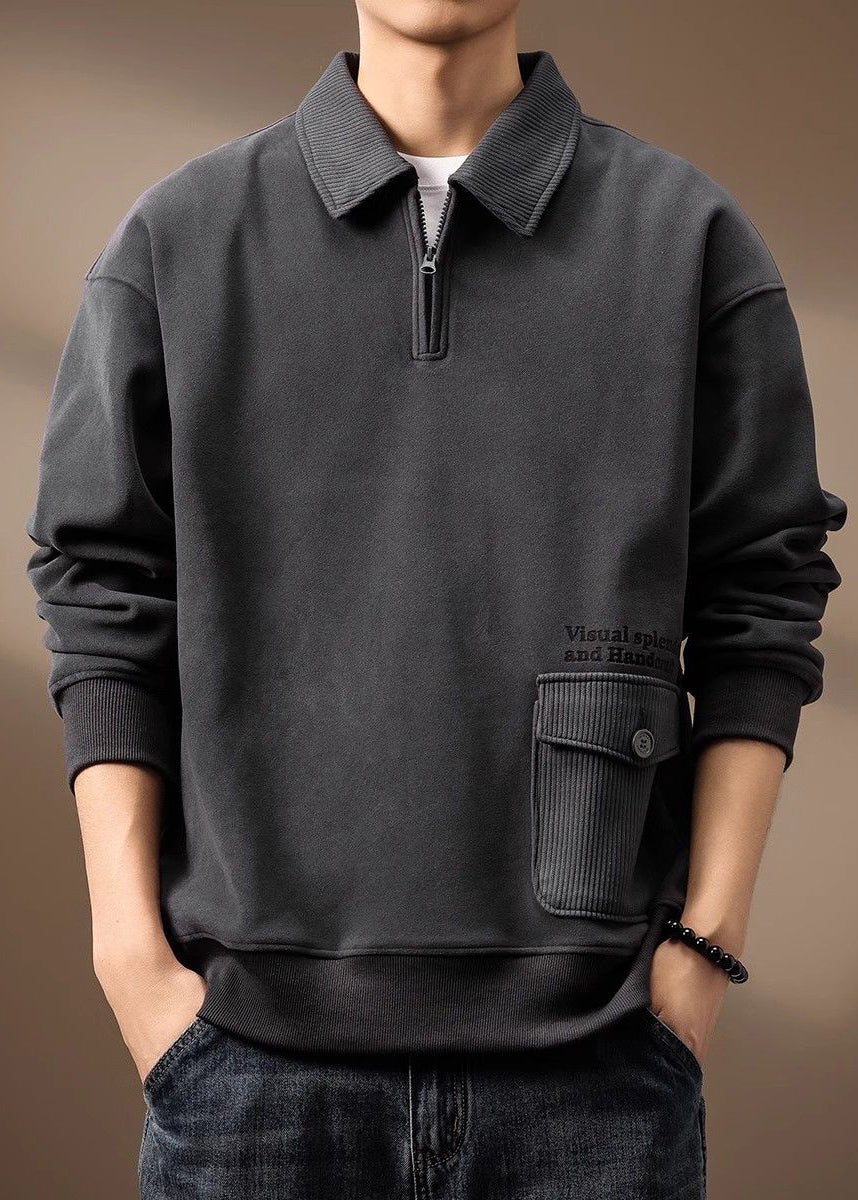 Zip Loose Cotton Sweatshirt Pockets Up Grey Spring Tc018