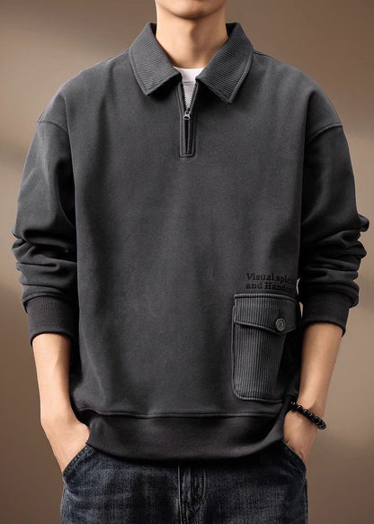 Zip Loose Cotton Sweatshirt Pockets Up Grey Spring Tc018