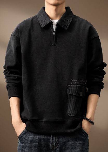 Zip Loose Cotton Sweatshirt Pockets Up Grey Spring Tc018