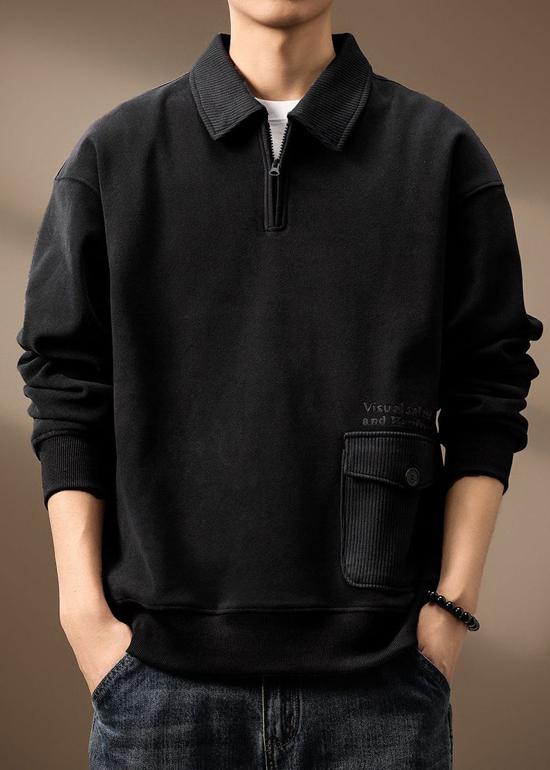 Zip Loose Cotton Sweatshirt Pockets Up Grey Spring Tc018